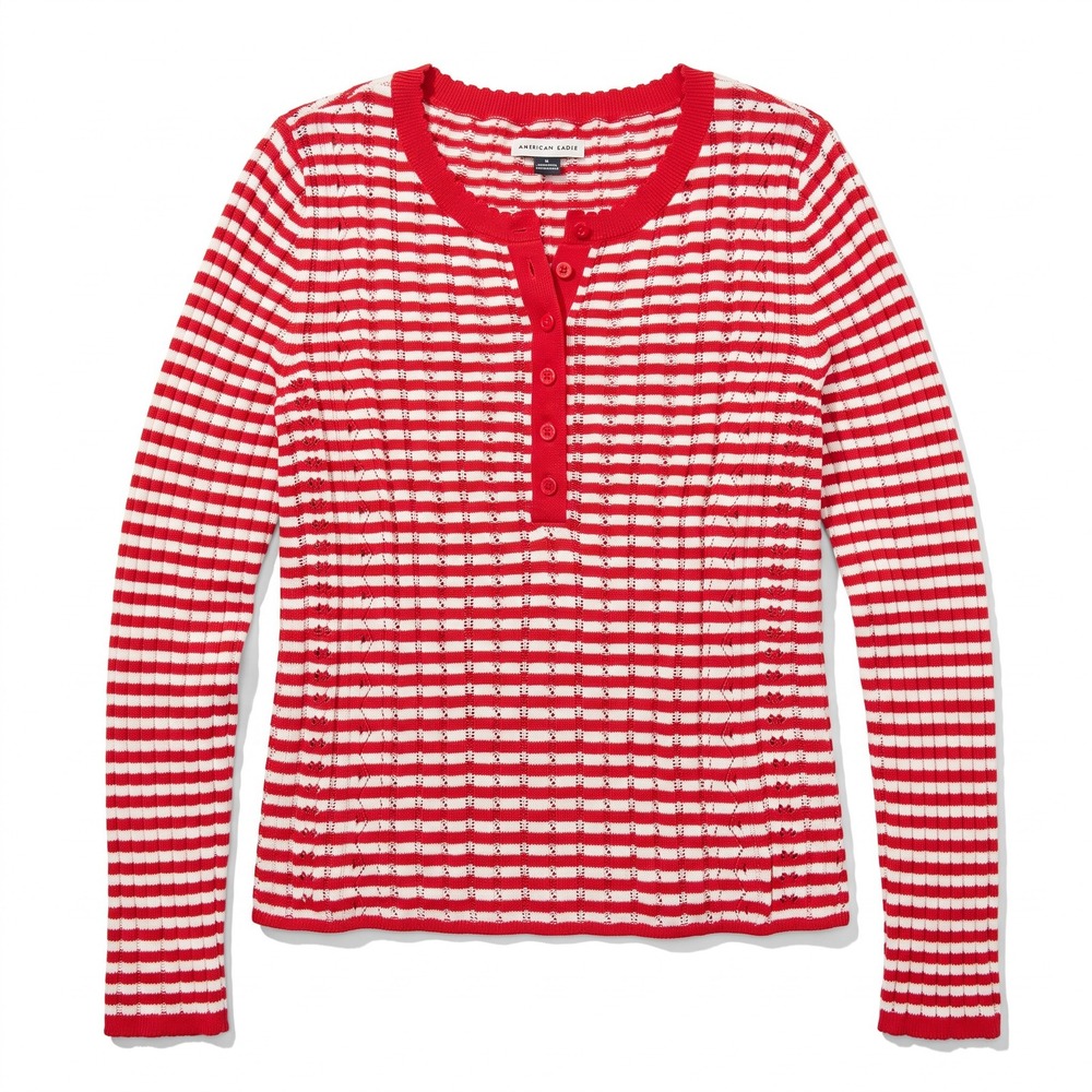 American Eagle Womens M Red White Striped Henley Sweater Preppy Coastal Casual